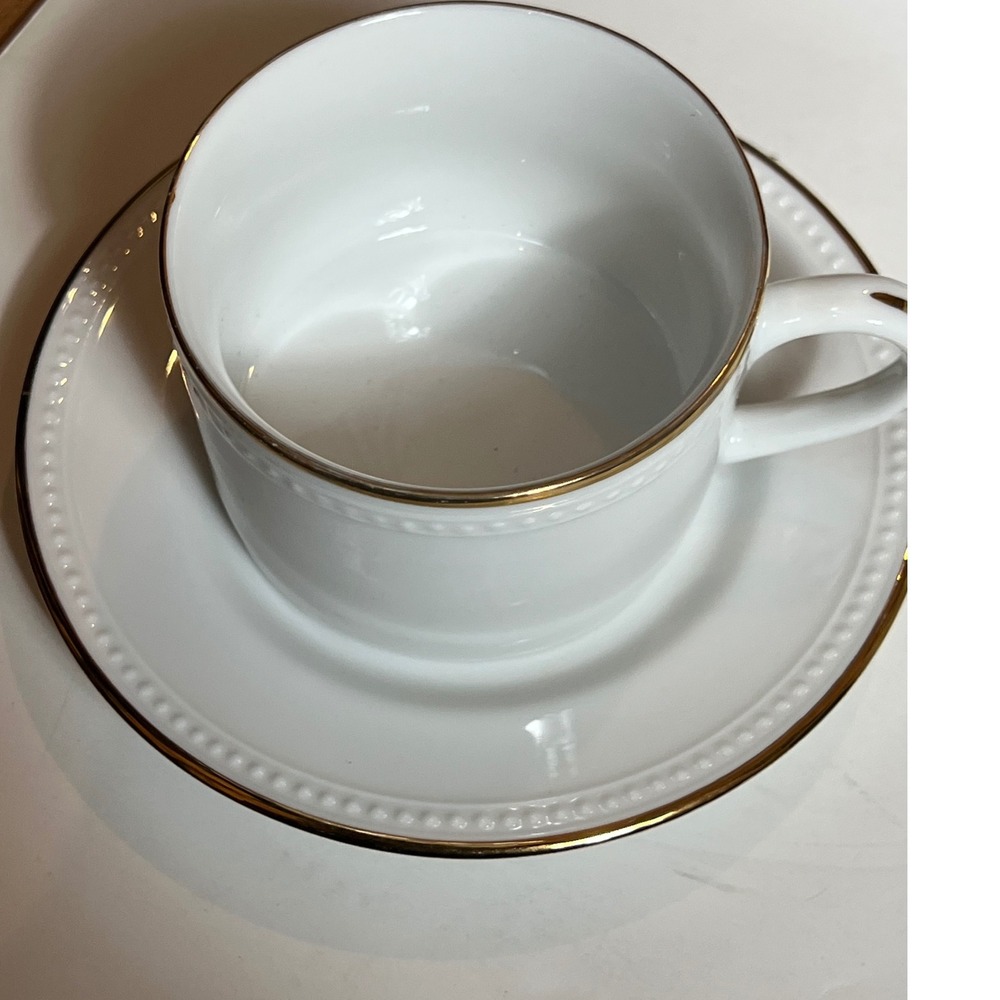Pier 1 Handpainted‎ White Gold Rimmed Coffee Tea Cup Saucer Set of 7